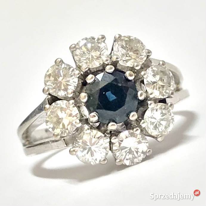 Pierścionek z BIAŁEGO złota SZAFIR DIAMENTY 13ct Warszawa