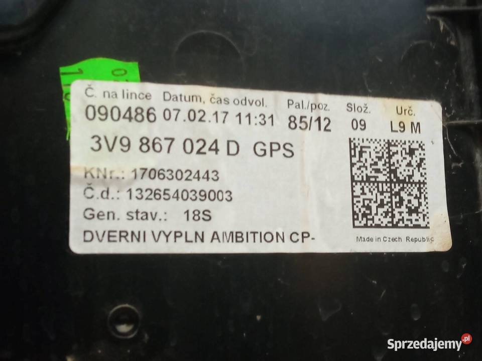 TAPICERKA BOCZEK PRAWY TYŁ 3V EU LED KOMBI Skoda sprzedam