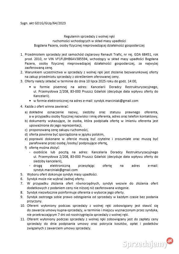 Syndyk sprzeda samochód ciężarowy Renault Trafic Łęgowo