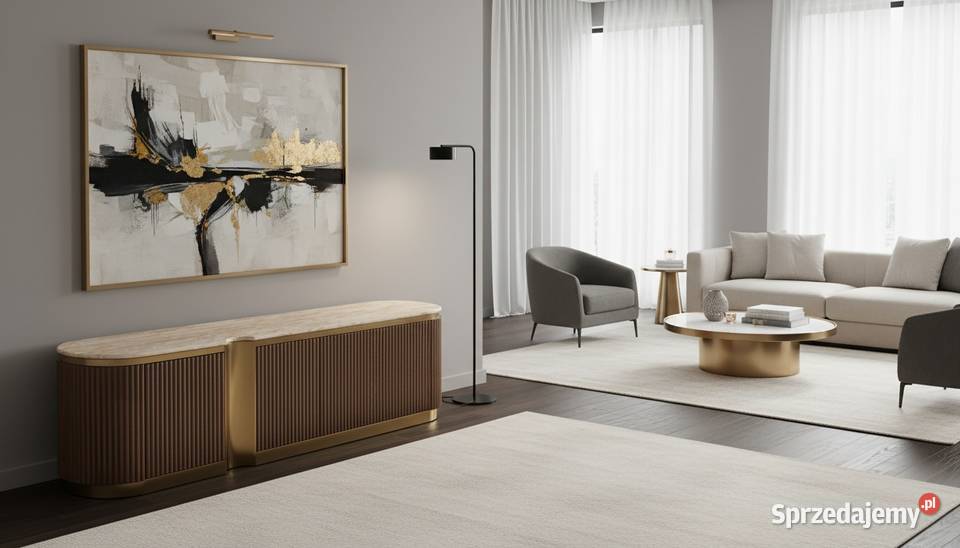 Ryflowana szafka RTV złota drewniana brązowa Golkowice