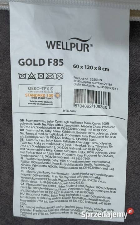 Materac dziecka 60x120 x 8 GOLD F85 biały Świnoujście