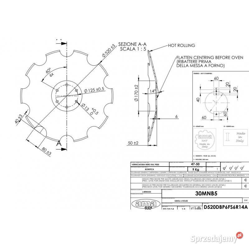 Talerz 520 pod piastę 6otworową grubość 6 mm Sieradz