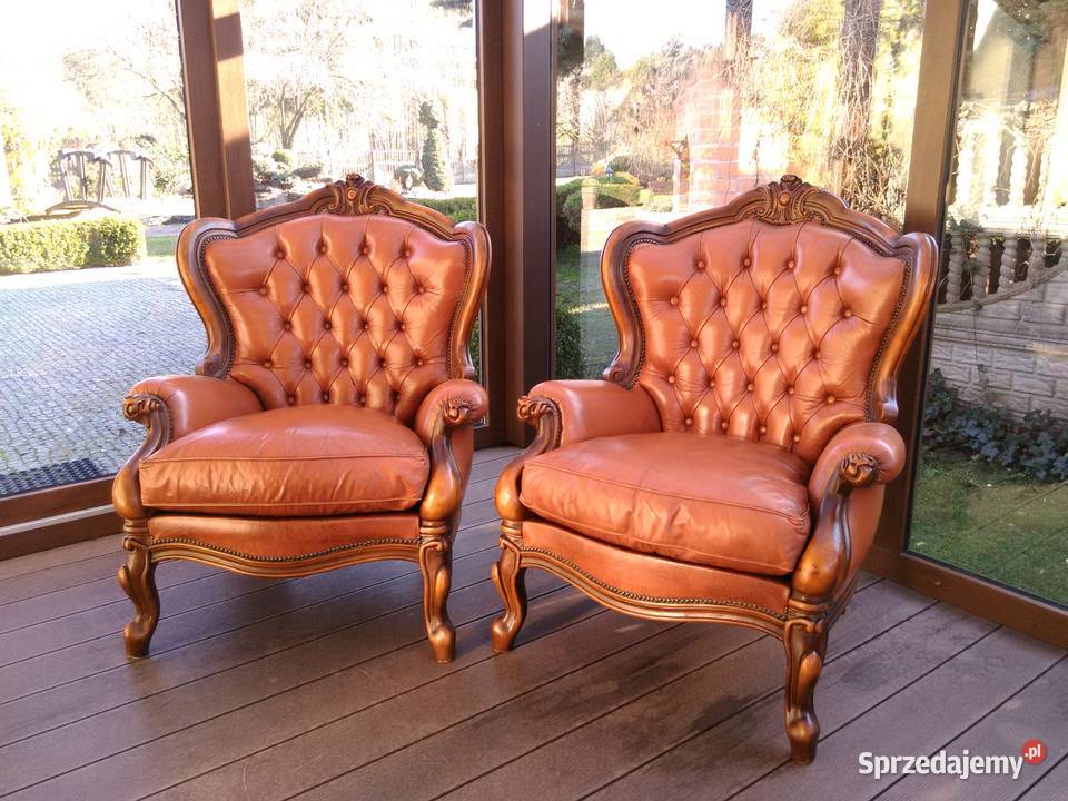 Fotele LudwikBarok Rzeźbione Skóra Antyk Stan Meble łódzkie Kluki