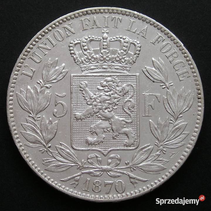 BELGIA 5 FRANKÓW 1870 KRÓL LEOPOLD II SREBRO