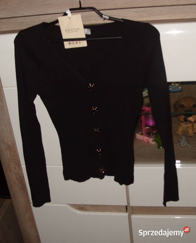 Czarna dopasowana bluzka NOWA prążek guziki Bez wzoru Rawicz