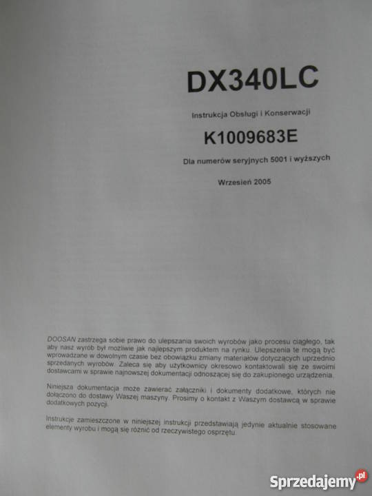 dtr instrukcja obsługi daewoo doosan DX340LC3 i Rok wydania 2008 zachodniopomorskie Szczecin sprzedam