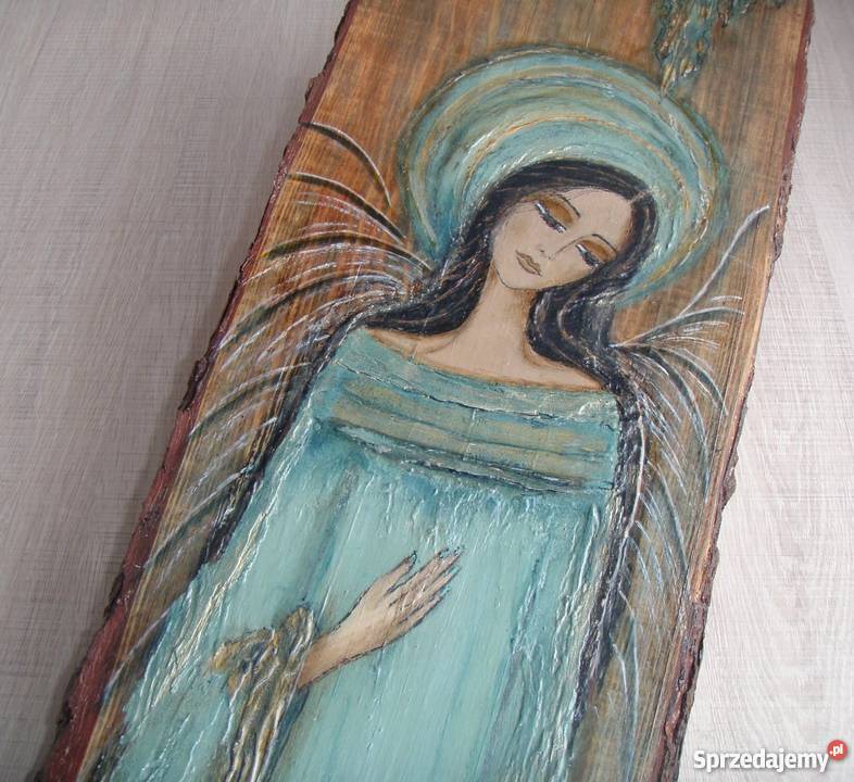 Anioł miętowo złoty rustykalny malowany na desce sprzedam