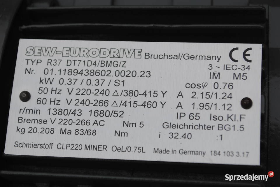 Motoreduktor 037kw 43obrmin z hamulcem Firmy SEW Kargowa
