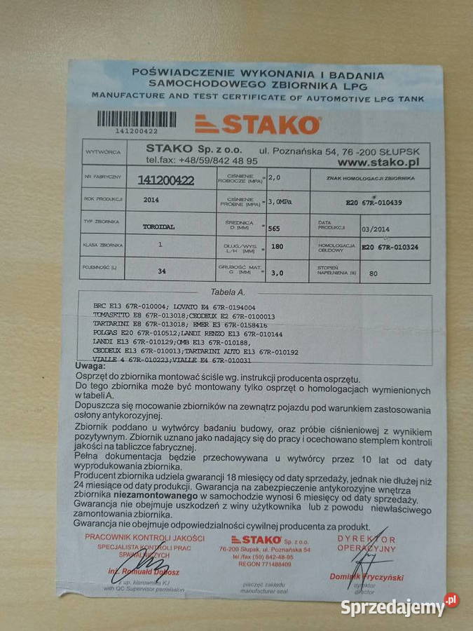 Zbiornik toroidalny wewnętrzny LPG Stako 565180 lubelskie Nałęczów