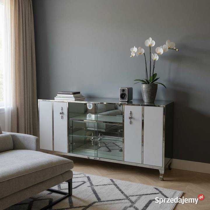 Komoda biała lustrzana noga Ludwik gałka