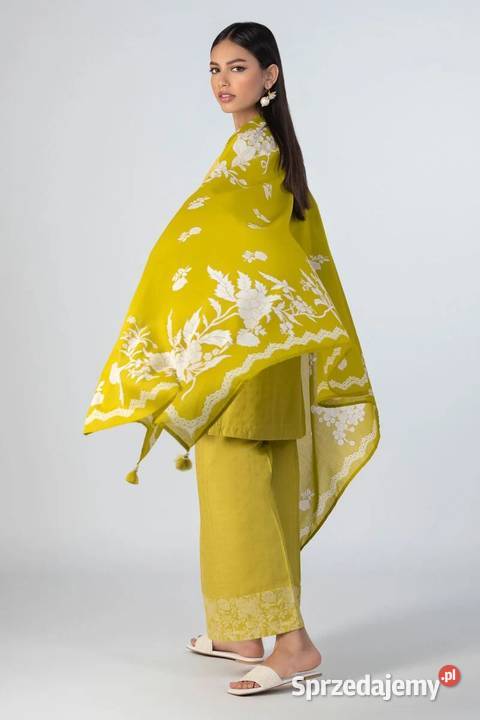 Duża zielona chusta dupatta szal bawełna kwiaty Szczecin