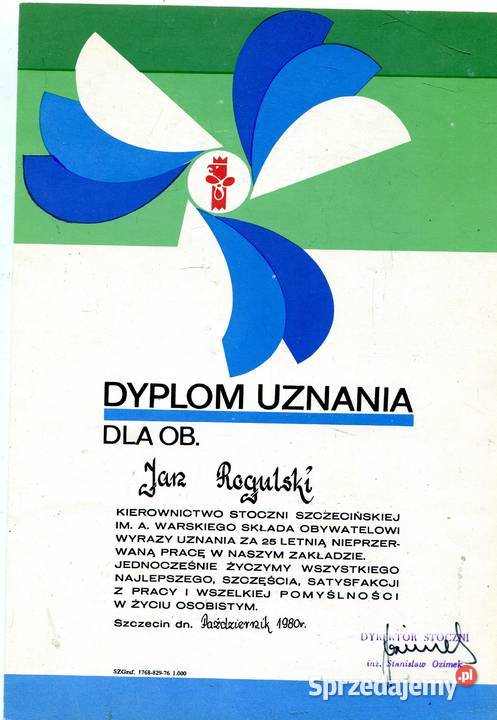 Stocznia Szczecińska Dyplom i Podziękowanie Szczecin sprzedam