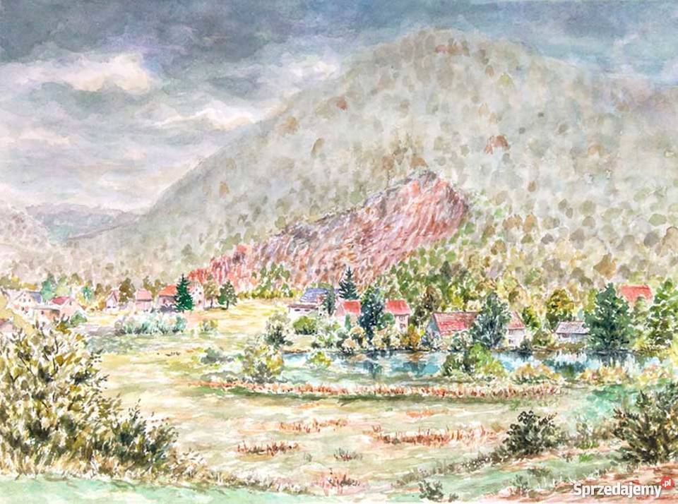 obraz akwarelowy pejzaż góry drzewa wieś dolnośląskie Świerzawa sprzedam