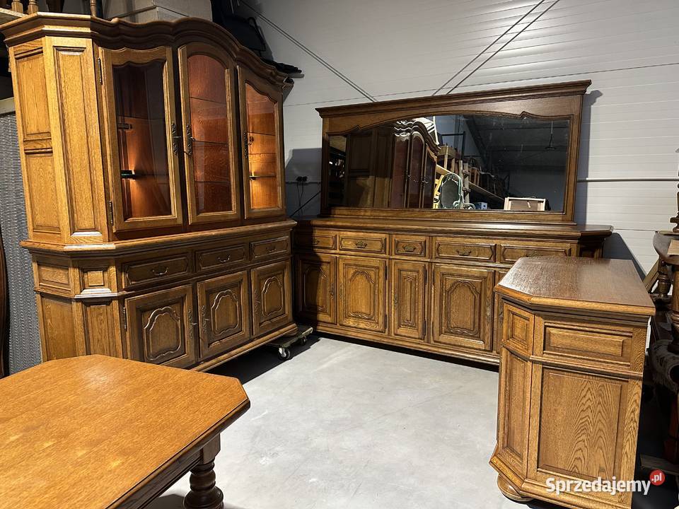 Masywny dębowy zestaw do jadalni komoda witryna Sławoszewek sprzedam