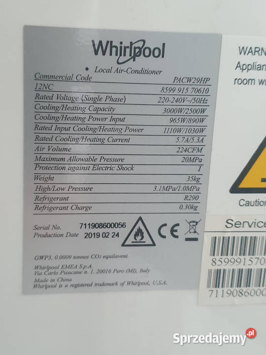 Klimatyzator przenośny 3kW Whirlpool PACW29HP śląskie
