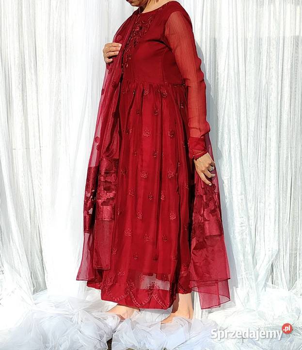 Bordowa sukienka haftowana L 40 szyfon haft Spódnice i sukienki Szczecin sprzedam