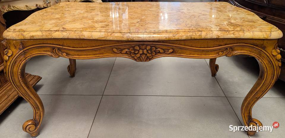 Piękny dębowy stolik ludwikowski z marmuremsklep Dąbrowa Górnicza