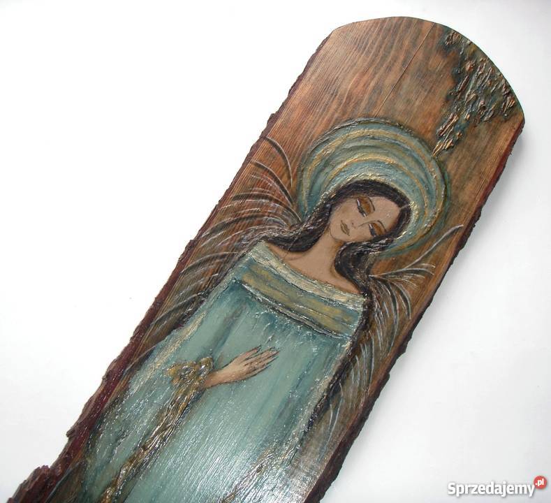 Anioł miętowo złoty rustykalny malowany na desce pomorskie Słupsk