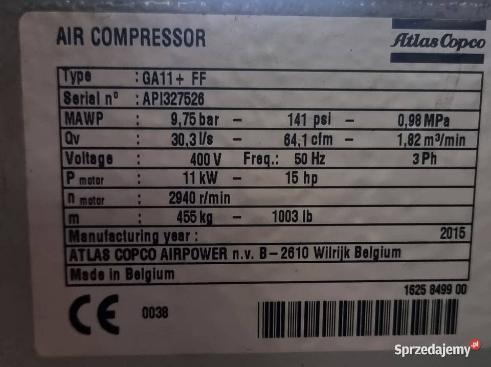 Sprężarka śrubowa AtlasCopco GA11 FF z Tuchola