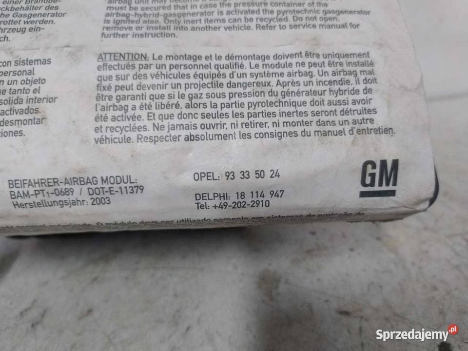 PODUSZKA AIRBAG PASAŻERA OPEL MERIVA B 93335024