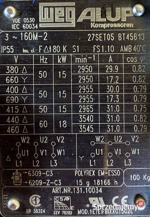 silnik elektryczny 15kW 2955obr 3fazowy WEG Pigża sprzedam