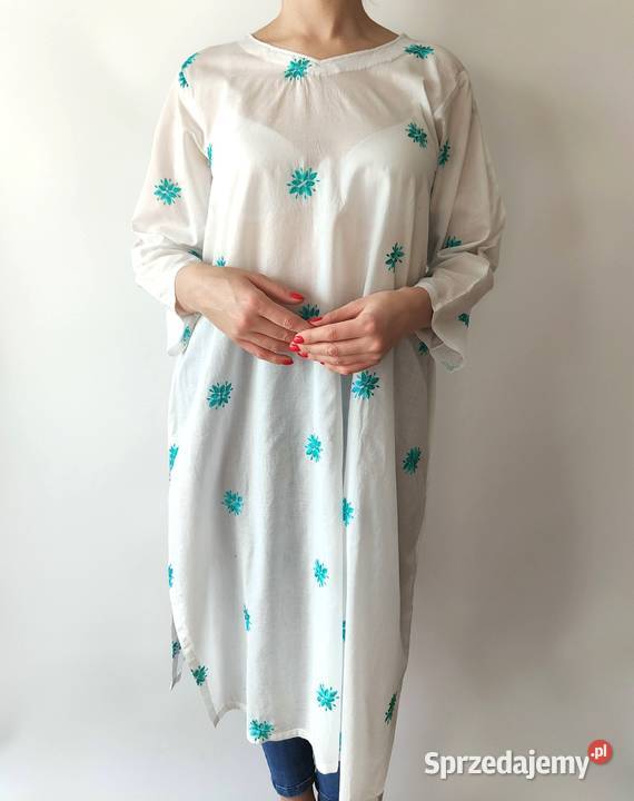 Długa tunika indyjska kameez XXL 44 3XL 46 plus biały Bluzki i koszule Moda i Styl Szczecin