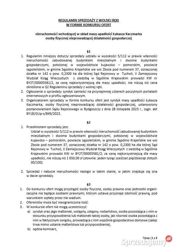 Syndyk sprzeda udział 5112 nieruchomości we wsi kujawsko-pomorskie Zboże