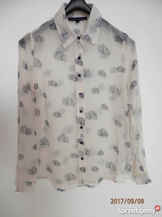 Koszula Kremowa Nadruk w Granatowe Żaglowce Łomża