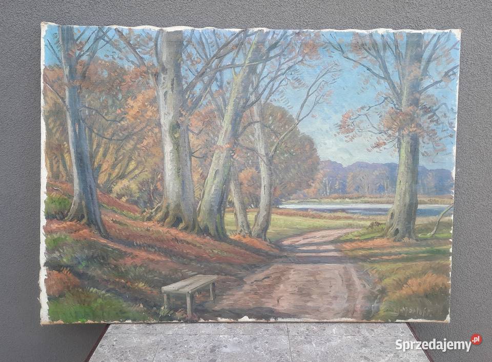 64 Pejzaż ławka w parku duży obraz sygnowany Tczew