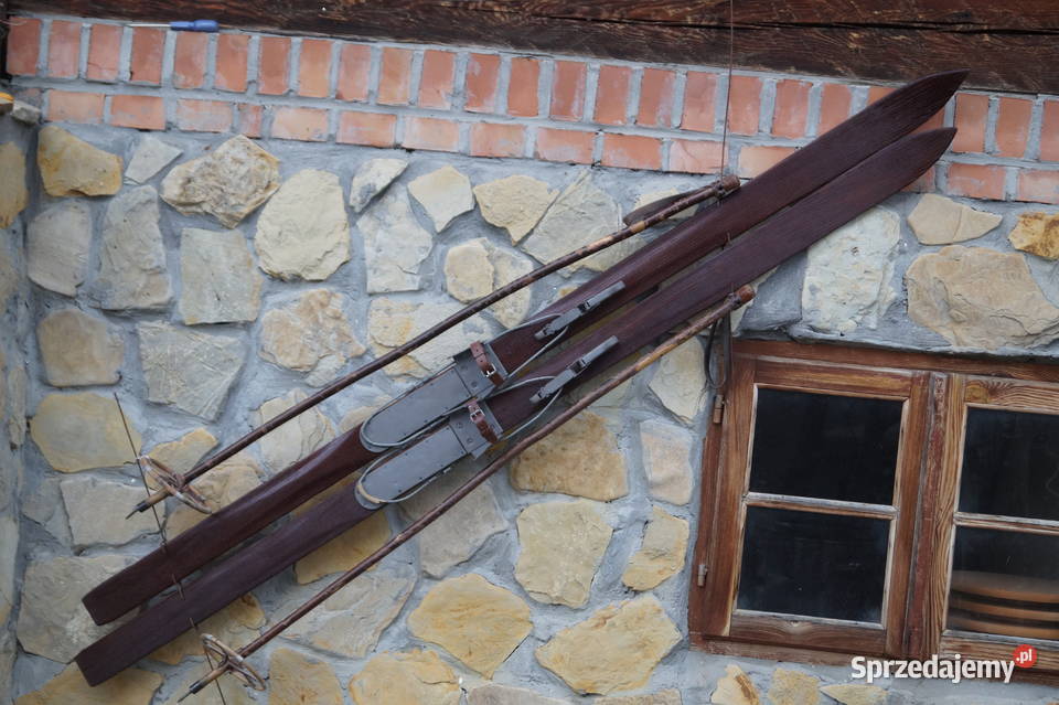 Stare narty jesionowe 198 kijki laskowe Antyki podkarpackie Pruchnik