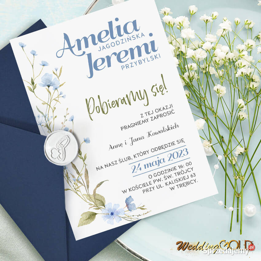 Niebieskie zaproszenia ślubne Kwietna Łąka