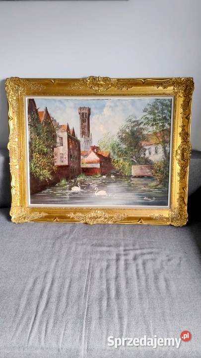 Stary obraz olej na płótnie w złotej ramie podkarpackie sprzedam