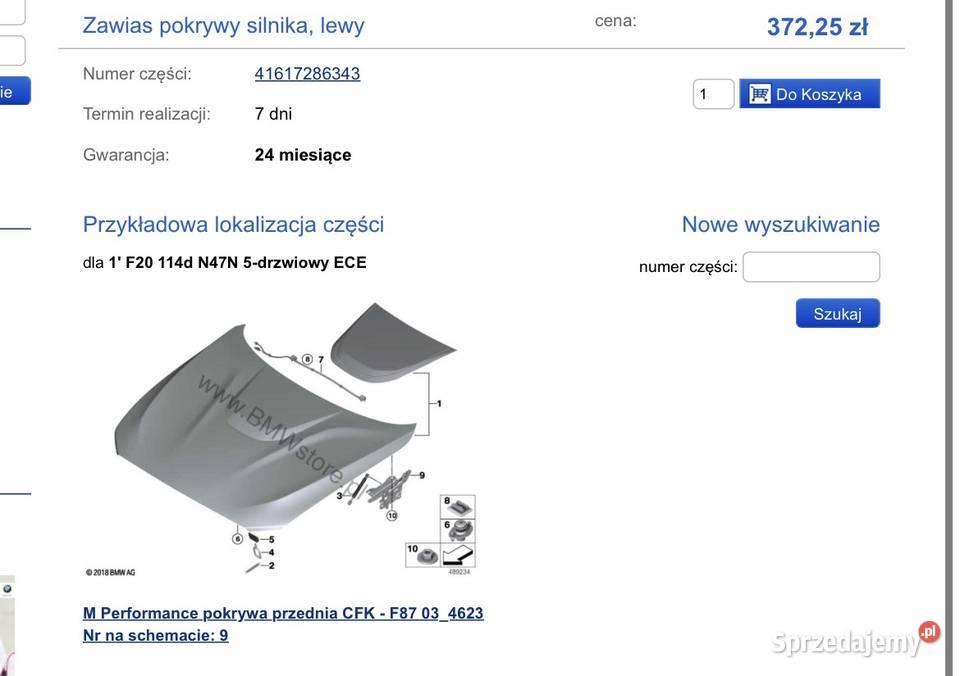 Zawias pokrywy silnika lewy BMW 41617286343 Warszawa