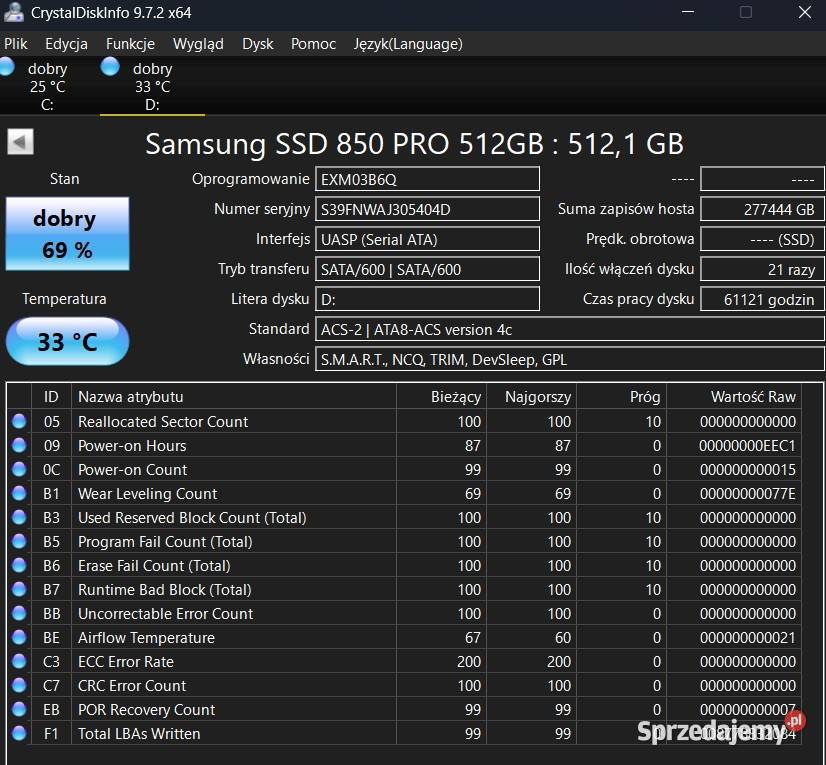 Dysk twardy Samsung 850 PRO 512GB SATA 25 SSD Dyski Wieliczka