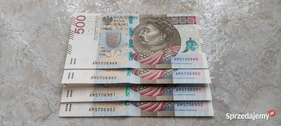 Banknoty 500 2017 r 4 kolejne numery serii UNC mazowieckie Pruszków sprzedam