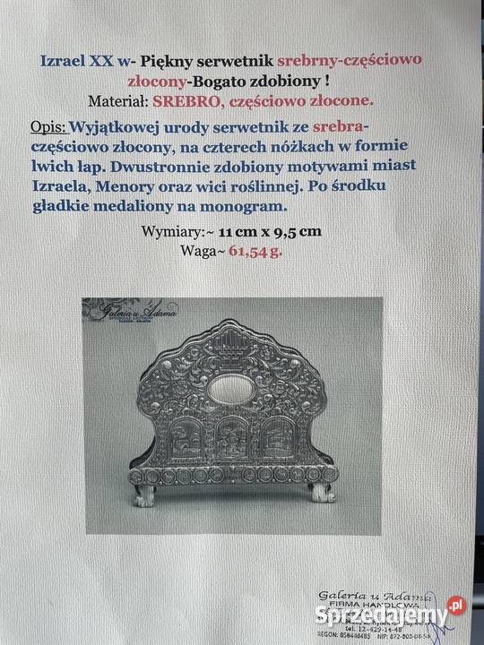 Srebro serwetnik czesciowo zlocony z motywami Jelenia Góra sprzedam
