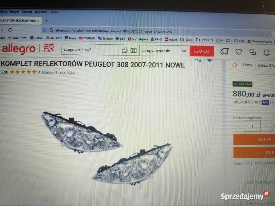 Lampy przód Peugeot 308 T7 0711 NOWE osobowe Lampy przednie Bełżyce sprzedam