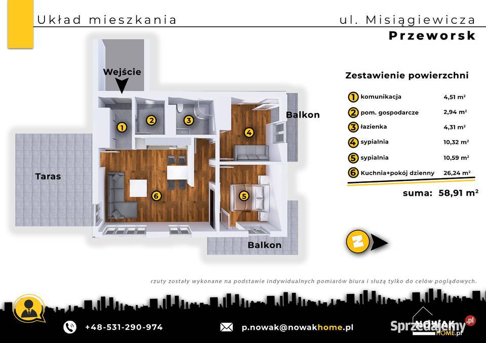 MIESZKANIE Z TARASEM PRZEWORSK 5891 m 3 POKOJE 58.91m2