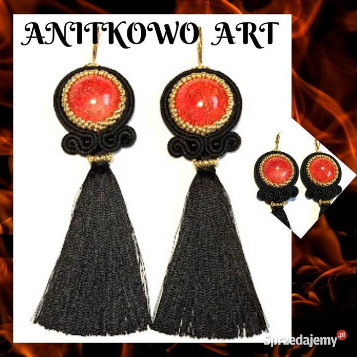 KOLCZYKI Z ŻYWICĄ czerwoną I CHWOSTEM SUTASZ sprzedam