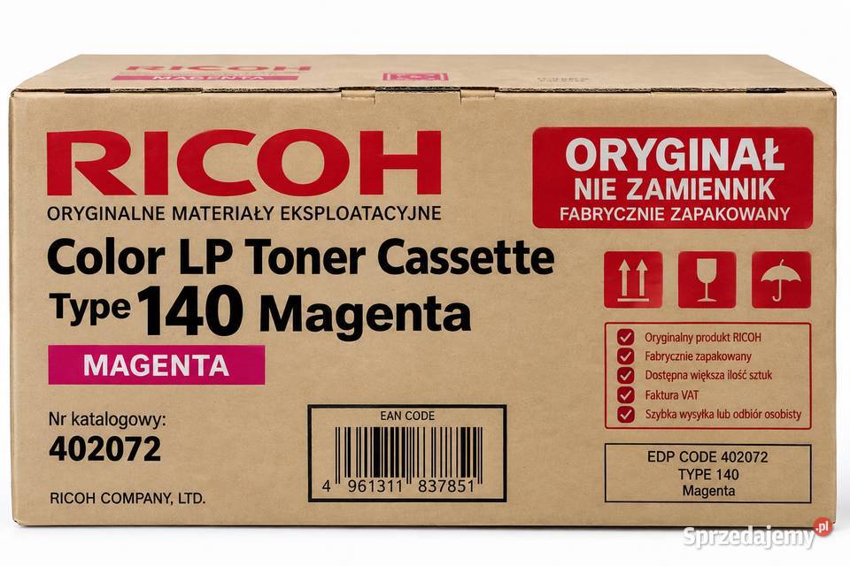 TONERY TONER RICOH Typ 140 MAGENTA 402072 CYAN Kołobrzeg