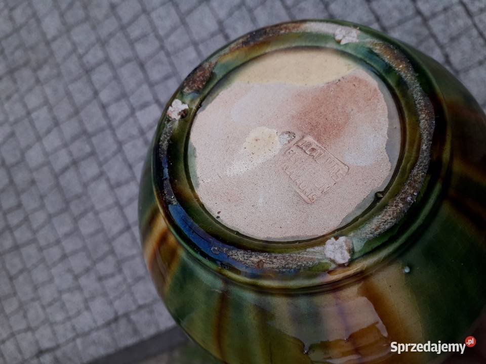 Wazon ceramiczny szkliwiony z uszami sygnowany Warszawa