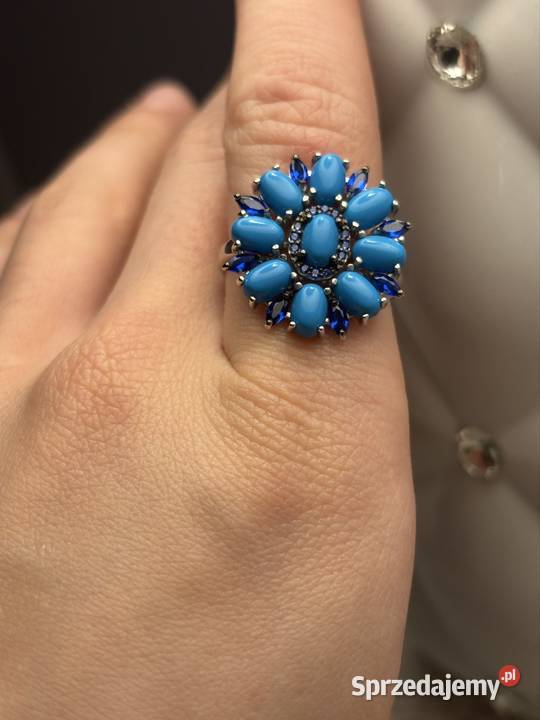 Srebrny pierścionek turkusy szafiry 925 srebro Pierścionki sprzedam