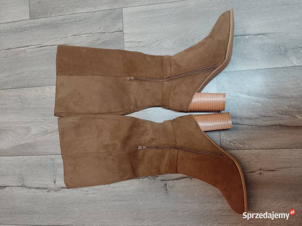 40 Brązowe biznesowe Kozaki wieczorowe na słupku tkanina Kraków