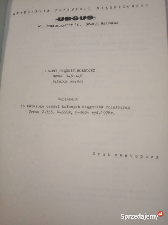 KATALOG URSUS 3603P SUPLEMENT do katalogu Warszawa