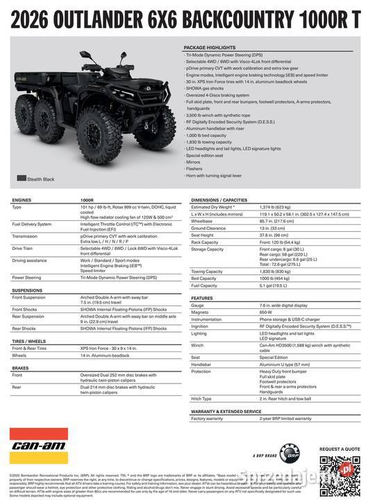 Quad CanAm Outlander 6x6 Backcountry 1000R T T3b czterosuwowy małopolskie Nowy Sącz sprzedam