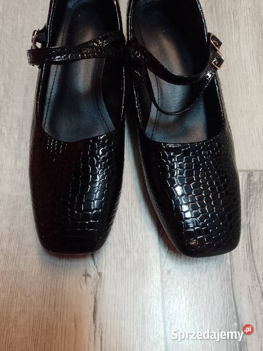 4142 Czarne teksturowane czółenka wieczorowe z czarny Obuwie Kraków