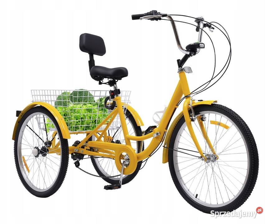 Rower trójkołowy dla dorosłych, składany, żółty, 7 biegów