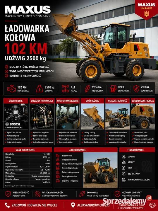 NOWA ŁADOWARKA KOŁOWA MAXUS 102 UDŹWIG 2500 Kabina łódzkie Aleksandrów Łódzki