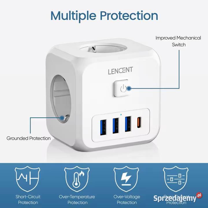 Wtyczka Ścienna LENCENT 7w1 3 Gniazda AC 3 USB