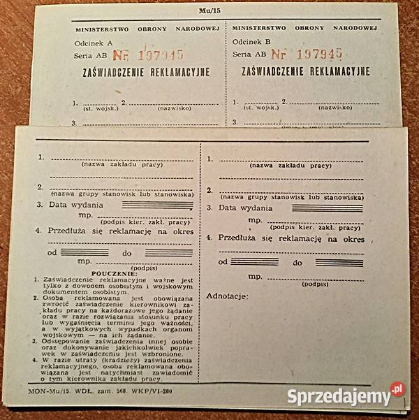Druczek zaświadczenie reklamacyjne z PRL MON 5 Ostrów Wielkopolski